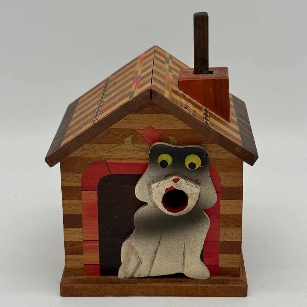Vintage Japanese Wood Marquetry Doghouse Mechanical Chimney Cigarette Dispenser